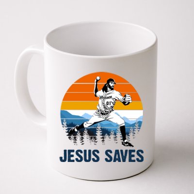 Jesus Saves Retro Baseball Pitcher Coffee Mug