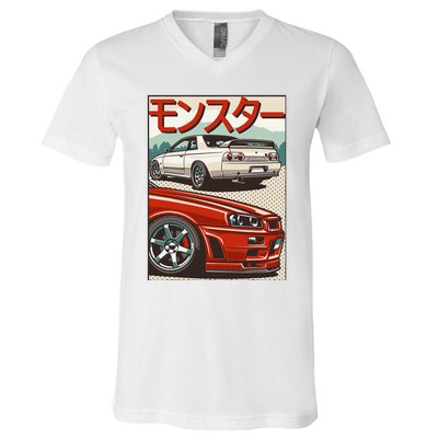 Jdm Skyline R32 Car Tuning Japan Rising Sun Drift V-Neck T-Shirt