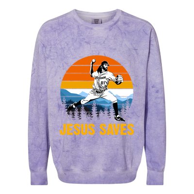 Jesus Saves Retro Baseball Pitcher Colorblast Crewneck Sweatshirt