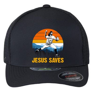 Jesus Saves Retro Baseball Pitcher Flexfit Unipanel Trucker Cap