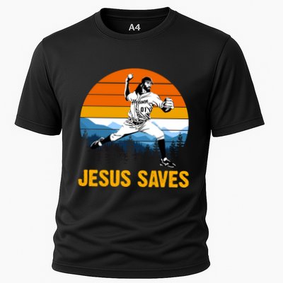 Jesus Saves Retro Baseball Pitcher Performance Shirt