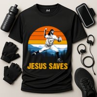 Jesus Saves Retro Baseball Pitcher Cooling Performance Crew T-Shirt