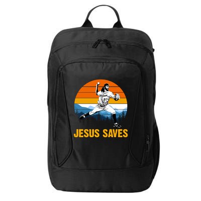 Jesus Saves Retro Baseball Pitcher City Backpack