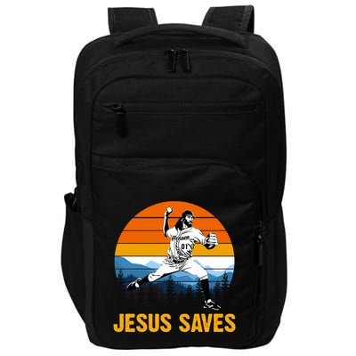 Jesus Saves Retro Baseball Pitcher Impact Tech Backpack