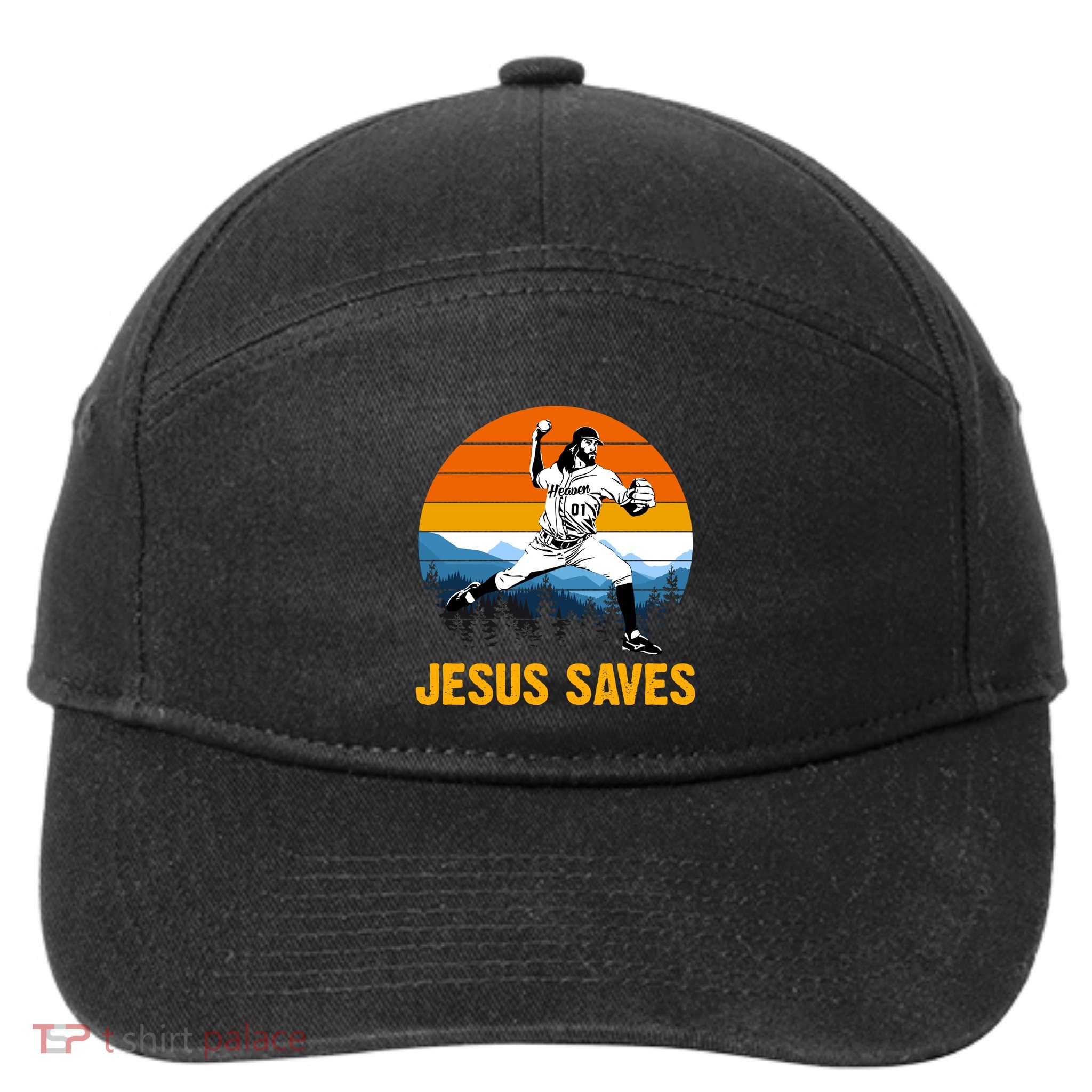 Jesus Saves Retro Baseball Pitcher 7-Panel Snapback Hat