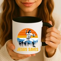 Jesus Saves Retro Baseball Pitcher Mug
