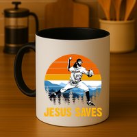 Jesus Saves Retro Baseball Pitcher Mug