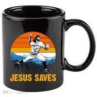 Jesus Saves Retro Baseball Pitcher 11oz C Handle Ceramic Mug