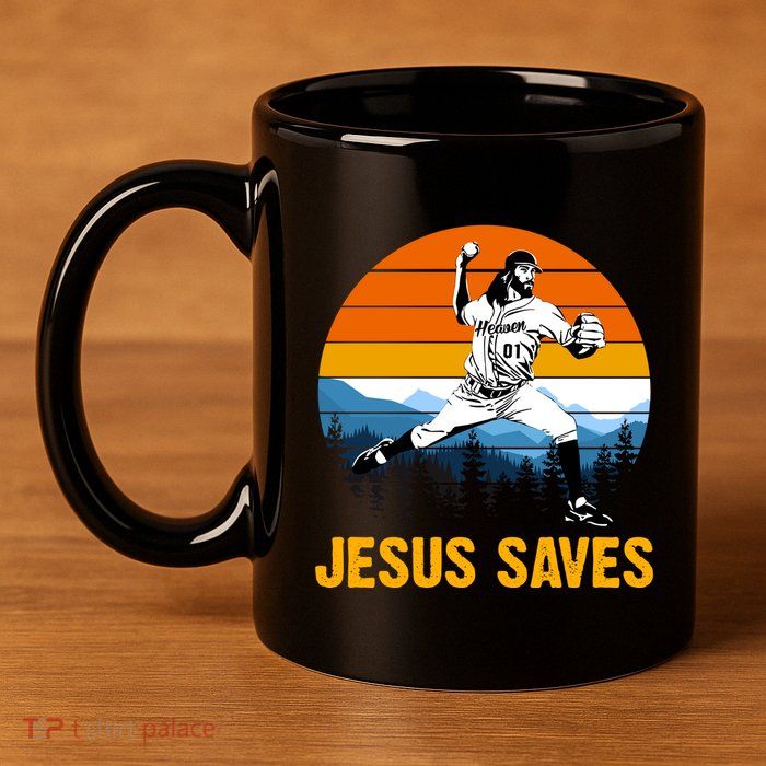 Jesus Saves Retro Baseball Pitcher 11oz C Handle Ceramic Mug