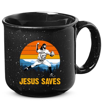 Jesus Saves Retro Baseball Pitcher 15oz Campfire Ceramic Mug