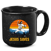 Jesus Saves Retro Baseball Pitcher 15oz Campfire Ceramic Mug