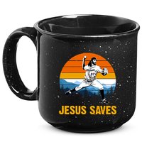 Jesus Saves Retro Baseball Pitcher 15oz Campfire Ceramic Mug