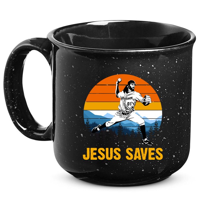 Jesus Saves Retro Baseball Pitcher 15oz Campfire Ceramic Mug