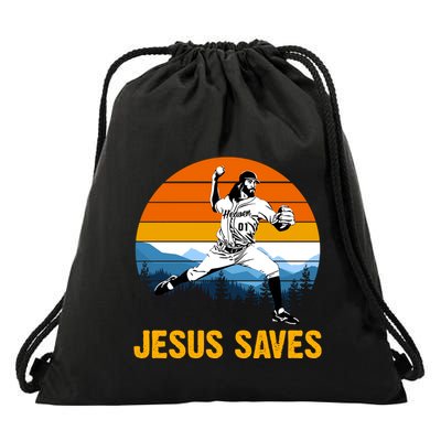Jesus Saves Retro Baseball Pitcher Drawstring Bag