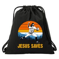 Jesus Saves Retro Baseball Pitcher Drawstring Bag