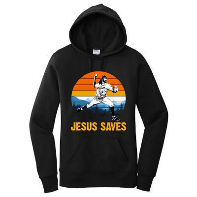 Jesus Saves Retro Baseball Pitcher Women's Pullover Hoodie