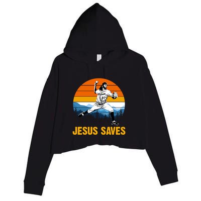 Jesus Saves Retro Baseball Pitcher Crop Fleece Hoodie