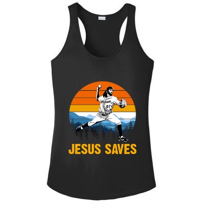 Jesus Saves Retro Baseball Pitcher Ladies PosiCharge Competitor Racerback Tank