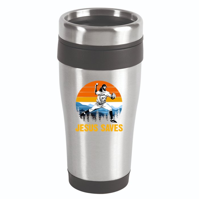 Jesus Saves Retro Baseball Pitcher 16oz Travel Tumbler