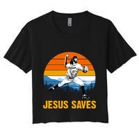 Jesus Saves Retro Baseball Pitcher Women's Crop Top Tee