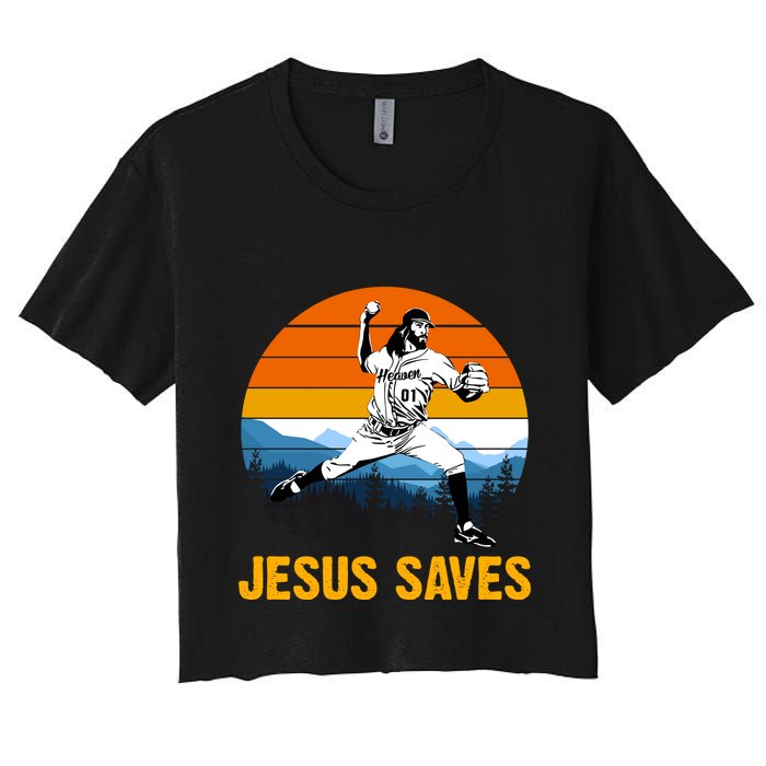 Jesus Saves Retro Baseball Pitcher Women's Crop Top Tee