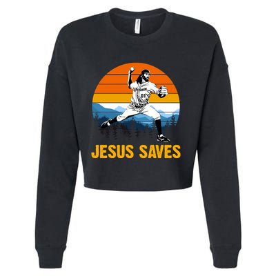 Jesus Saves Retro Baseball Pitcher Cropped Pullover Crew