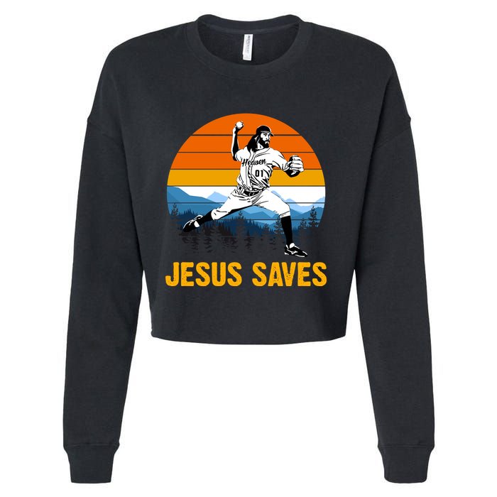 Jesus Saves Retro Baseball Pitcher Cropped Pullover Crew