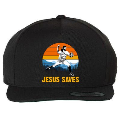 Jesus Saves Retro Baseball Pitcher Wool Snapback Cap