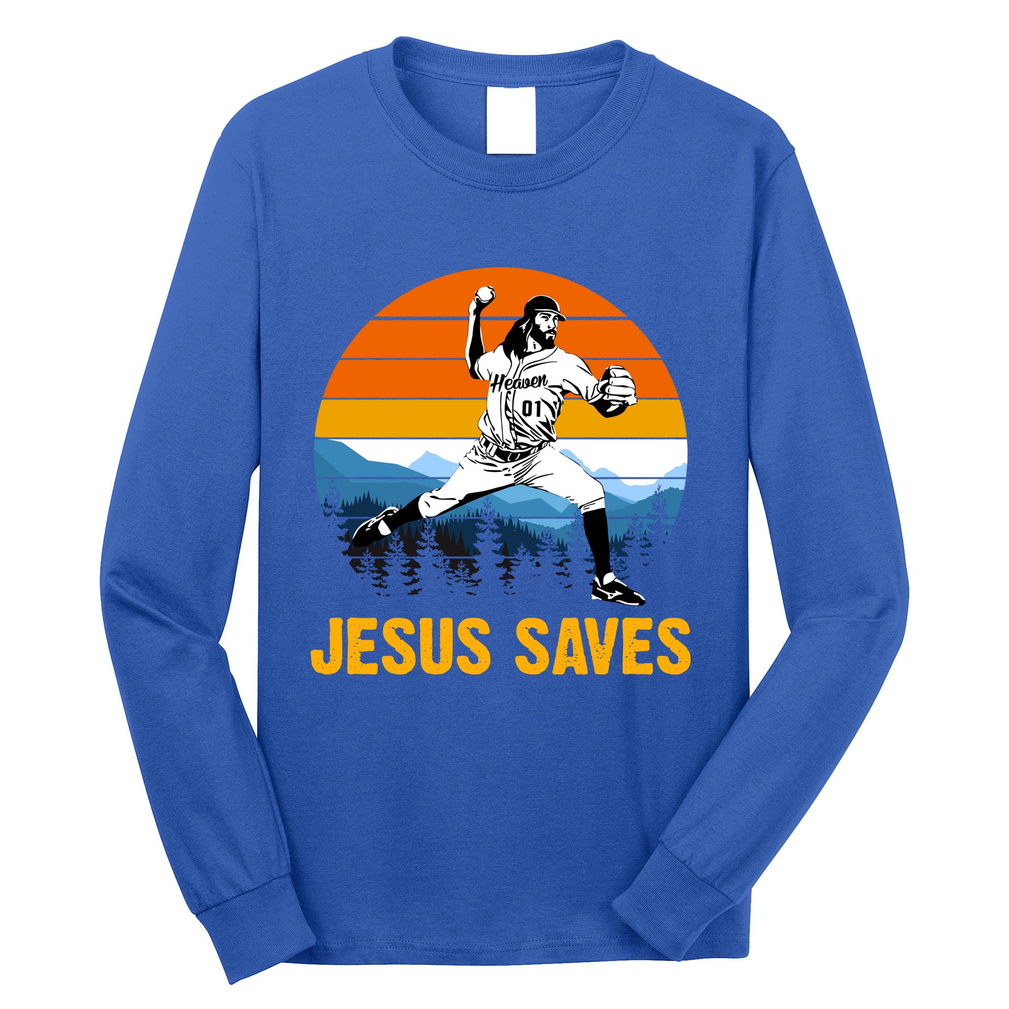 Jesus Saves Retro Baseball Pitcher Long Sleeve Shirt