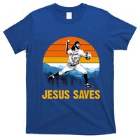 Jesus Saves Retro Baseball Pitcher T-Shirt