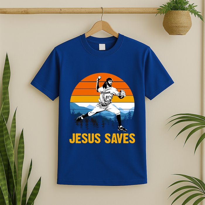 Jesus Saves Retro Baseball Pitcher T-Shirt