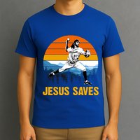 Jesus Saves Retro Baseball Pitcher T-Shirt