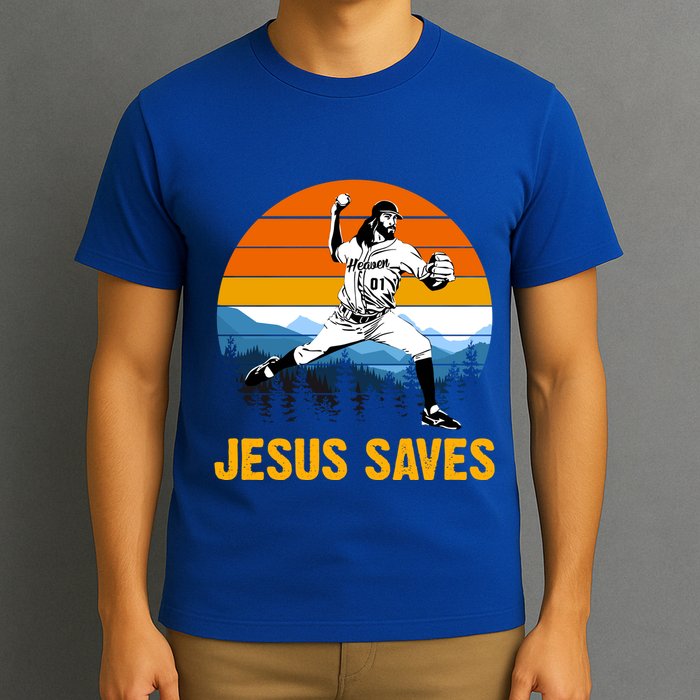 Jesus Saves Retro Baseball Pitcher T-Shirt