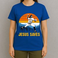 Jesus Saves Retro Baseball Pitcher T-Shirt