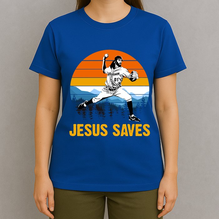 Jesus Saves Retro Baseball Pitcher T-Shirt