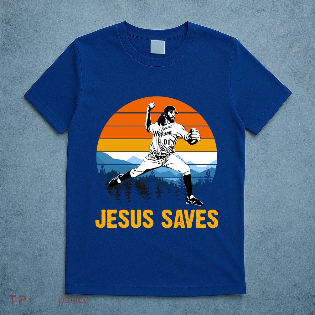 Jesus Saves Retro Baseball Pitcher T-Shirt