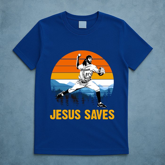Jesus Saves Retro Baseball Pitcher T-Shirt