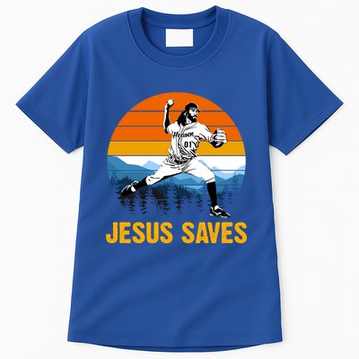 Jesus Saves Retro Baseball Pitcher Tall T-Shirt