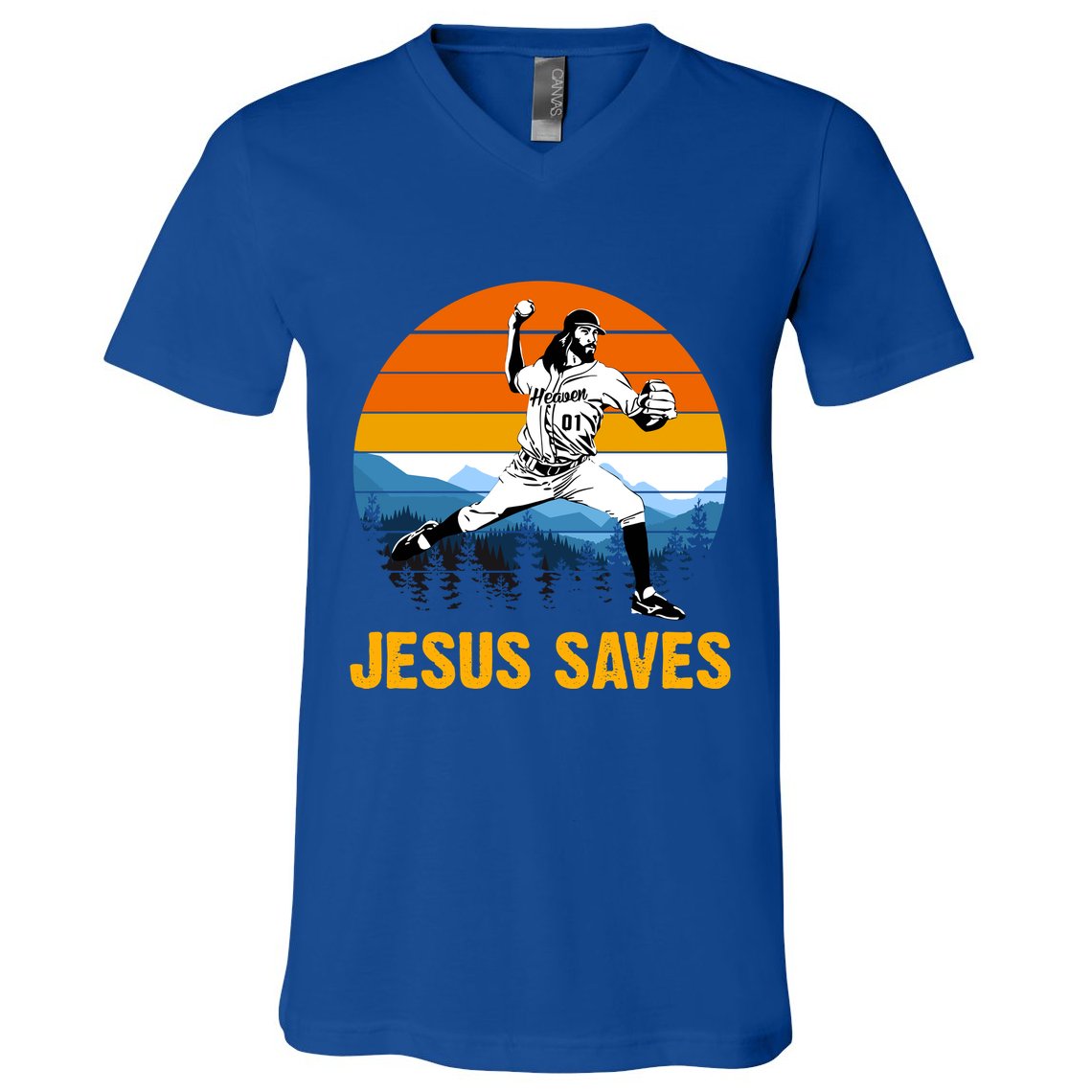 Jesus Saves Retro Baseball Pitcher V-Neck T-Shirt