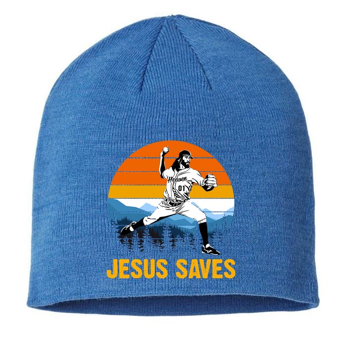 Jesus Saves Retro Baseball Pitcher Sustainable Beanie