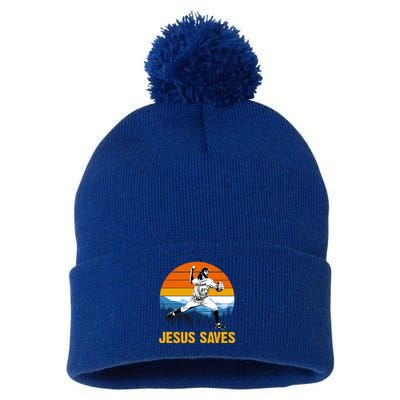 Jesus Saves Retro Baseball Pitcher Pom Pom 12in Knit Beanie