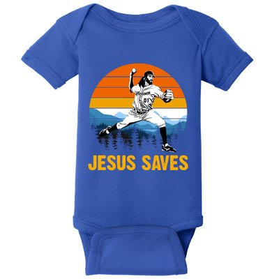 Jesus Saves Retro Baseball Pitcher Baby Bodysuit