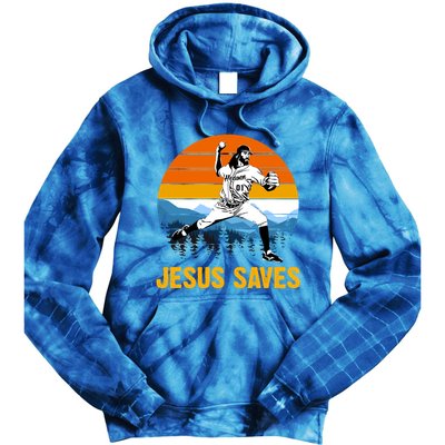 Jesus Saves Retro Baseball Pitcher Tie Dye Hoodie