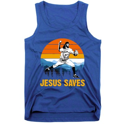 Jesus Saves Retro Baseball Pitcher Tank Top