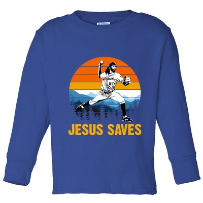 Jesus Saves Retro Baseball Pitcher Toddler Long Sleeve Shirt