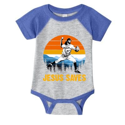 Jesus Saves Retro Baseball Pitcher Infant Baby Jersey Bodysuit