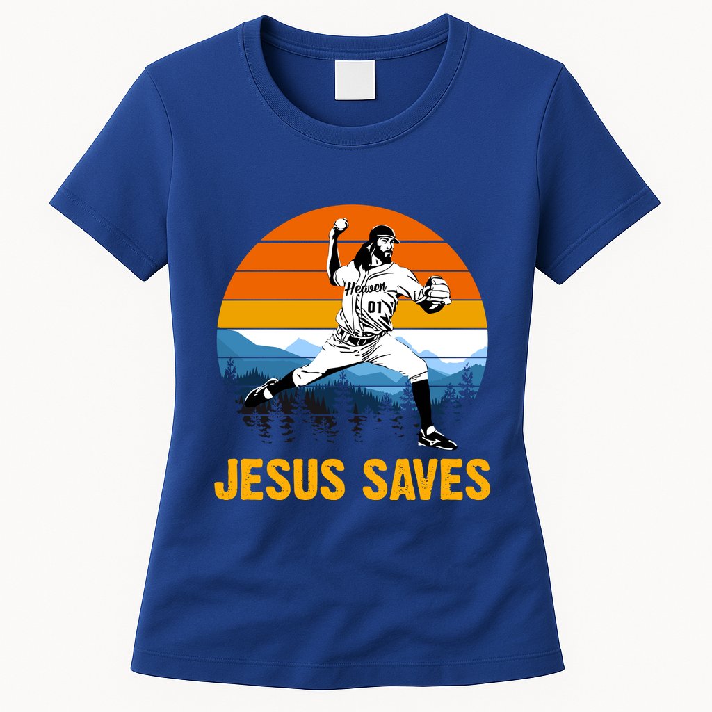 Jesus Saves Retro Baseball Pitcher Womens T-Shirt