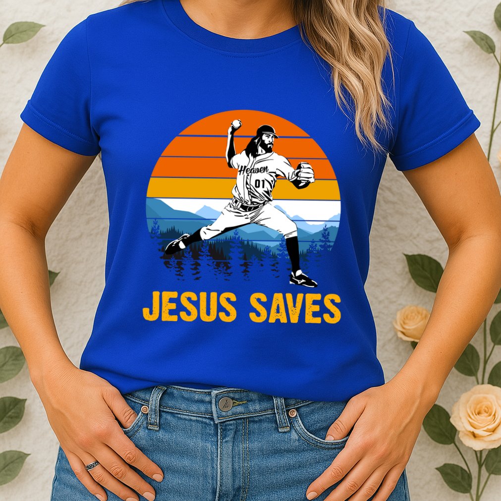 Jesus Saves Retro Baseball Pitcher Womens T-Shirt