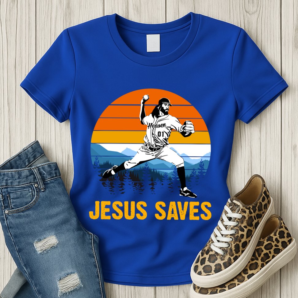 Jesus Saves Retro Baseball Pitcher Womens T-Shirt