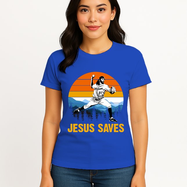 Jesus Saves Retro Baseball Pitcher Womens T-Shirt